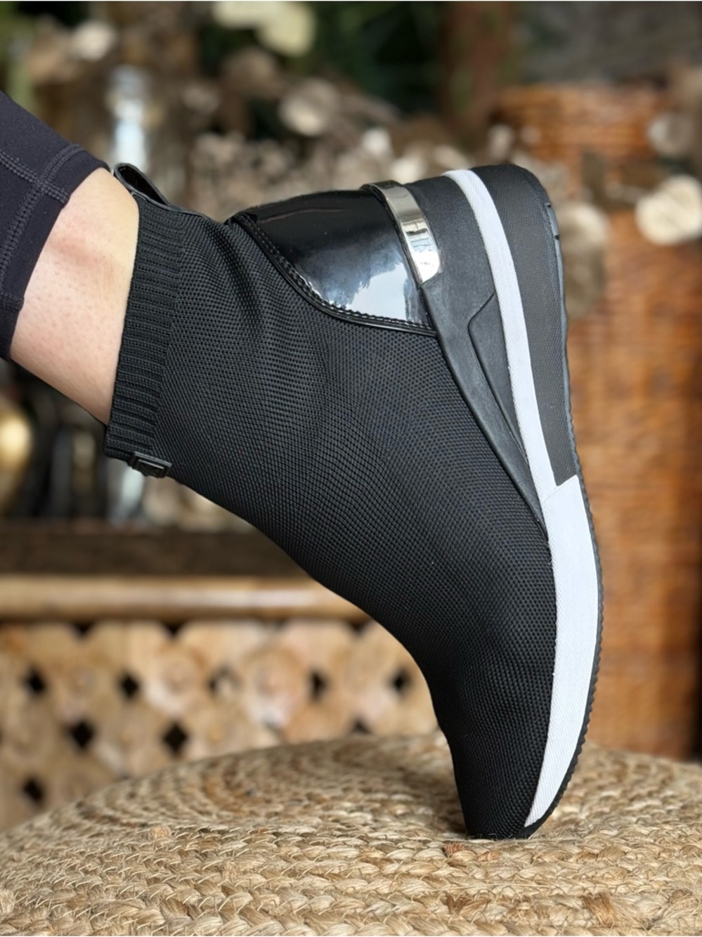 MICHAEL Kors stretchy sock sneaker wedged comfy Black Slip-On Knit Sneaker Boot